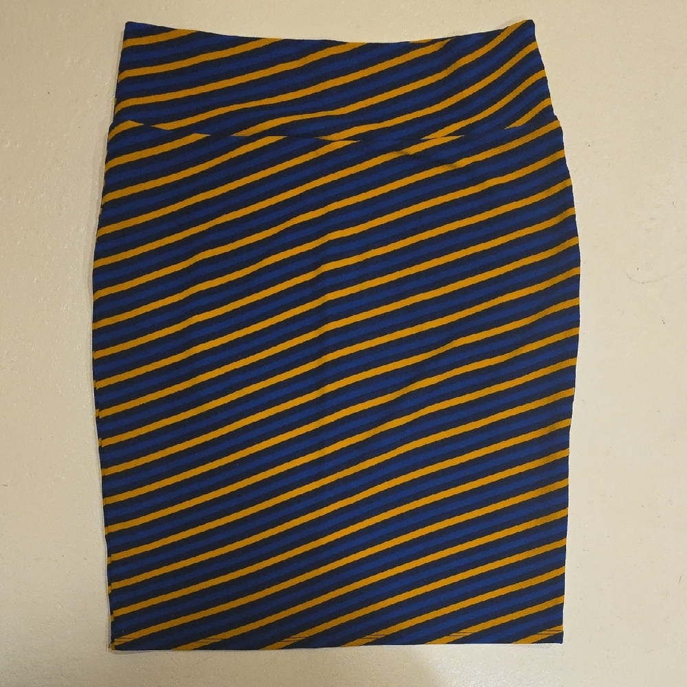LuLaRoe Blue and Gold Striped Pencil Skirt